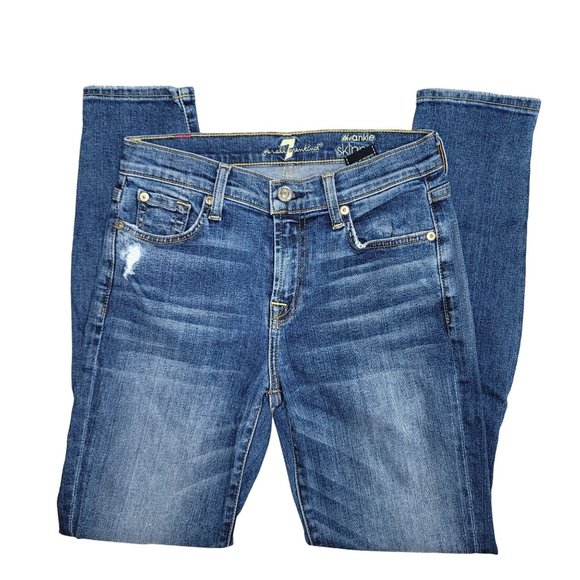 7 for all mankind the ankle skinny distressed denim blue jeans high rise size 26 - Picture 3 of 9